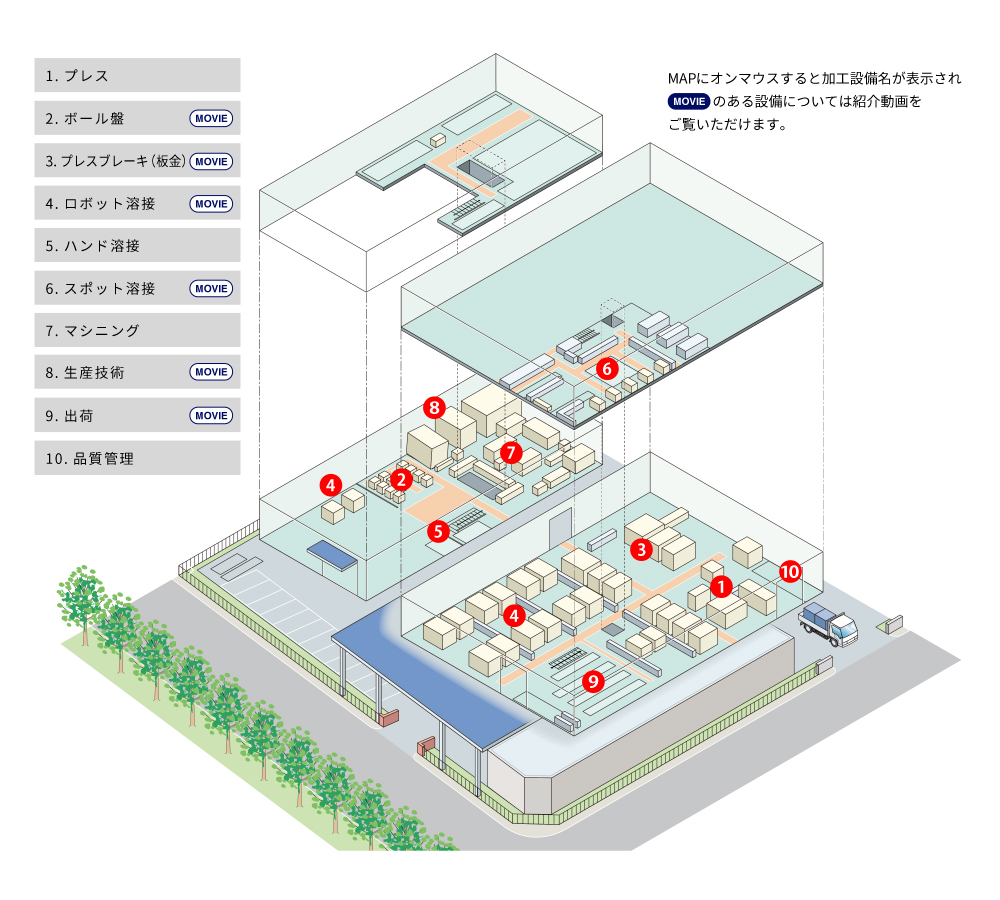 本社工場　MAPにオンマウスすると加工設備名が表示され【MOVIE】のある設備については紹介動画をご覧いただけます。