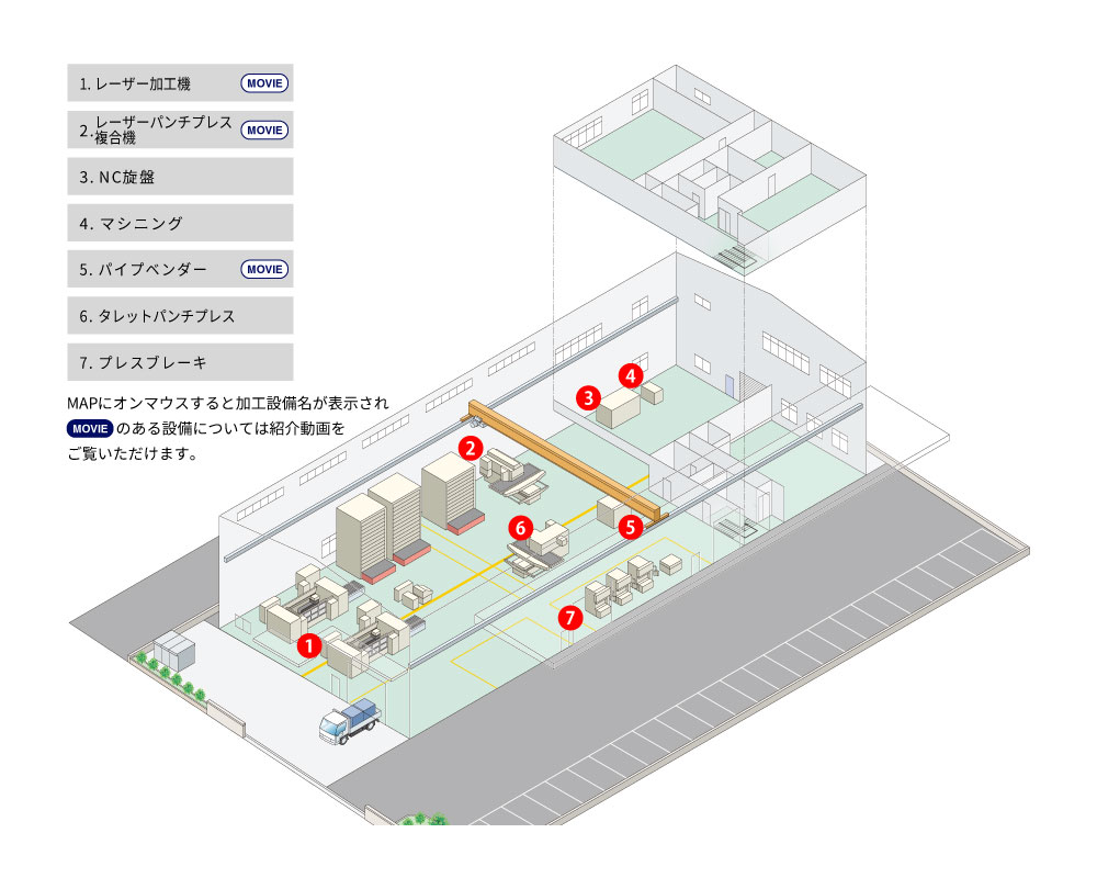 葛城工場　MAPにオンマウスすると加工設備名が表示され【MOVIE】のある設備については紹介動画をご覧いただけます。